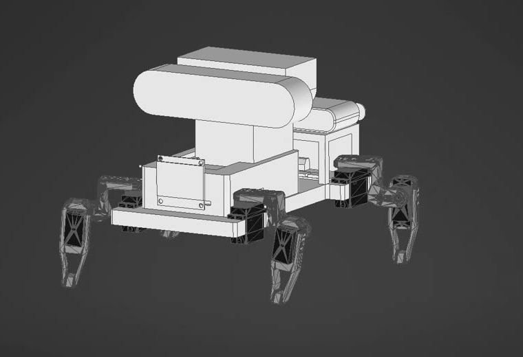 The Inventor assembly showing the body, internal frame and the four printed leg linkages.
