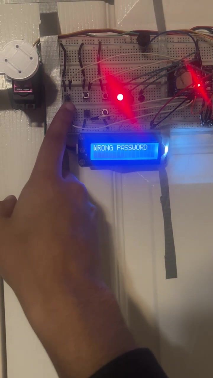 The LCD reading WRONG PASSWORD with a single red LED still lit.