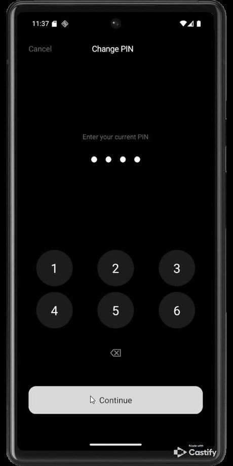 Phone app headed Change PIN, asking for the current PIN with four digits filled and a Continue button.
